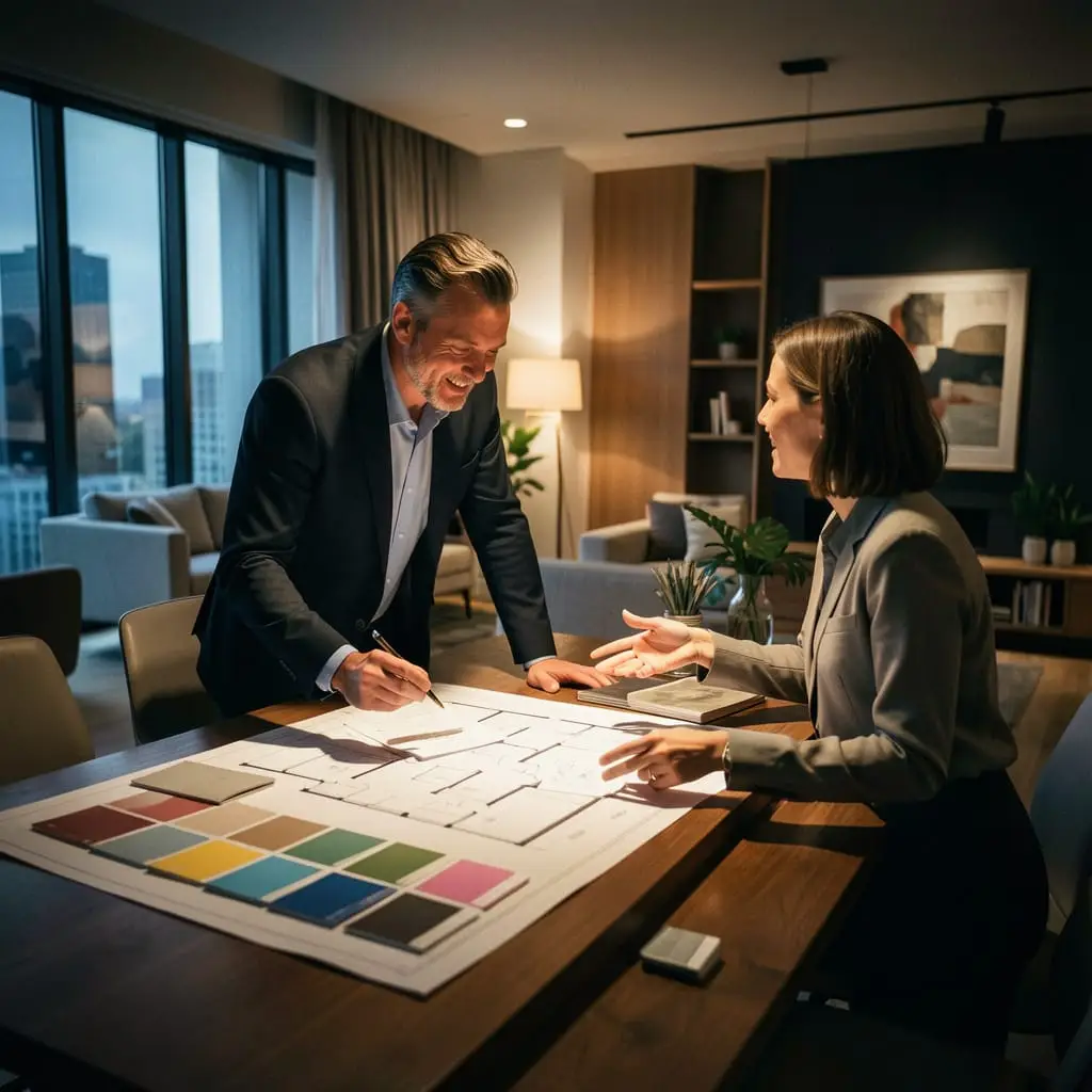 Designer d’intérieur accompagnant un client pour un projet global avec plans 2D, vues 3D, choix de matériaux et mobilier personnalisé