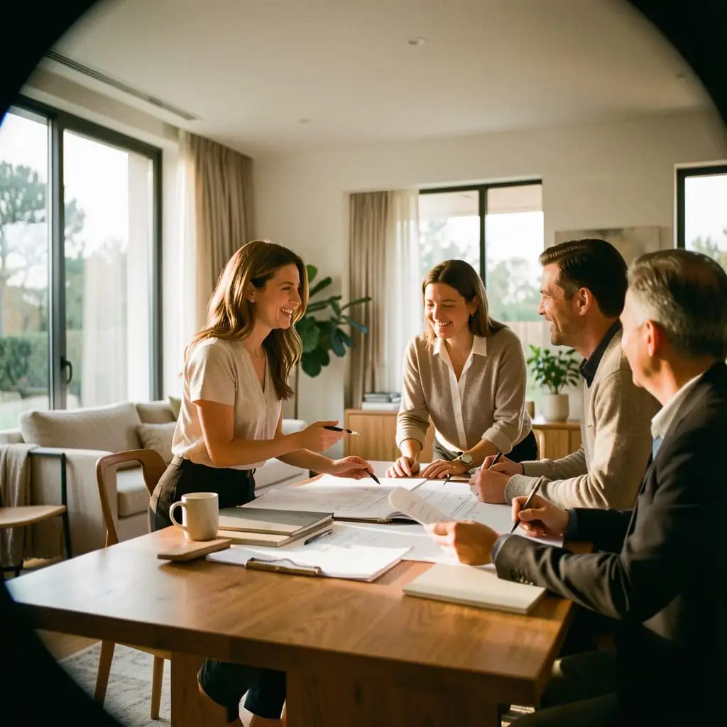 Designer d’intérieur guidant un client pas à pas, échange d’idées, choix des matériaux et suivi d’un projet d’aménagement sur mesure