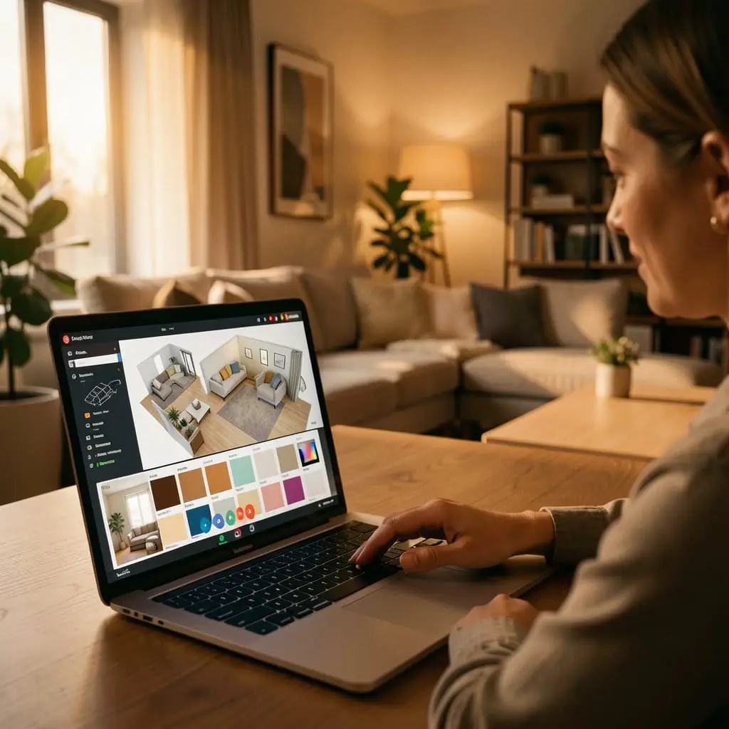 Designer d’intérieur accompagnant un client à distance via visioconférence pour conseils en aménagement, rénovation et décoration personnalisée