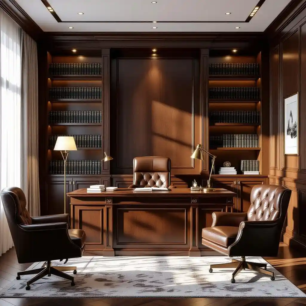 Intérieur d’un cabinet d’avocat élégant à Saint-Cyr-l’École, avec bureau en bois, chaises en cuir et bibliothèque de livres juridiques