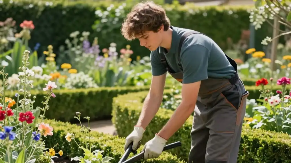 Jeune artisan paysagiste à Barbizon, France, en train de tailler des haies et planter des fleurs dans un jardin verdoyant avec respect de l'environnement